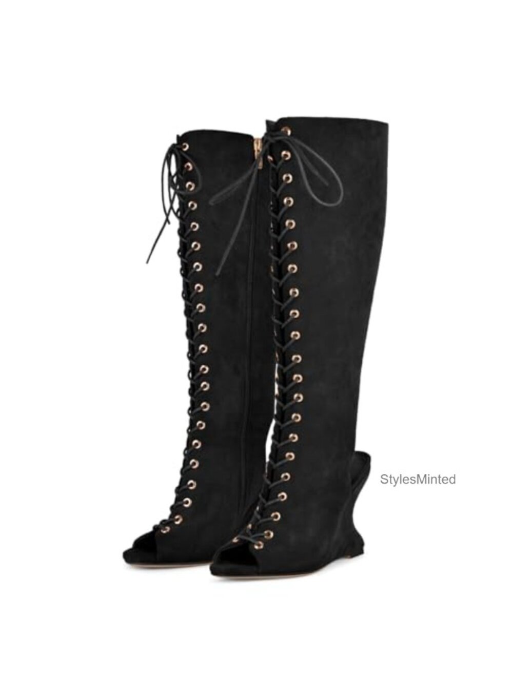 Knee High Lace Up Slingback Wedge Boots Platform High Heel Club